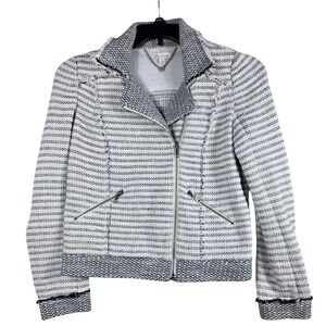 Ella Moss Moto Jacket Tweed Striped Fringe Zip White Black Small, Moto, Tweed